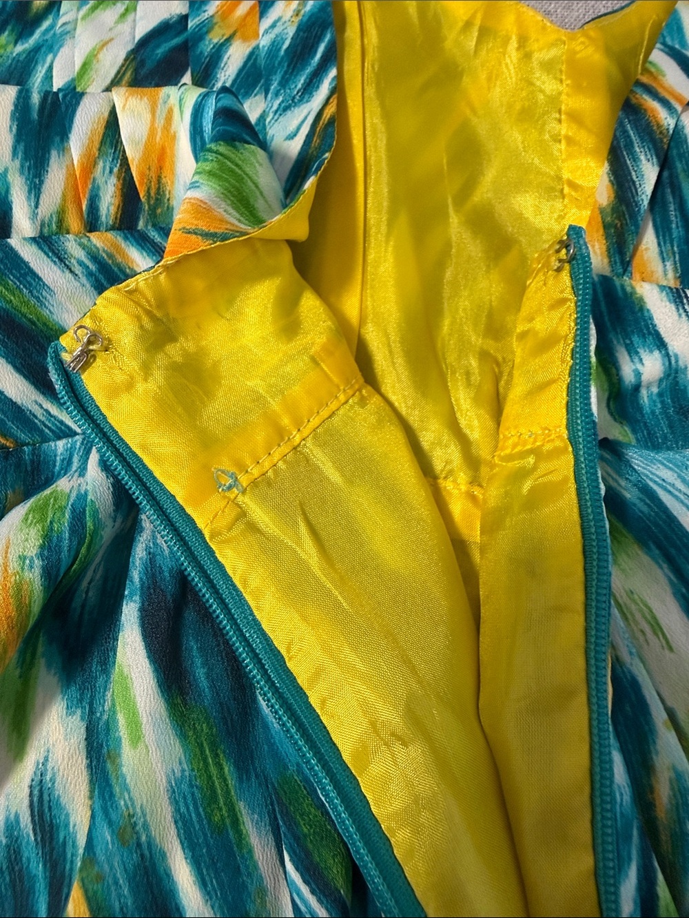 Runway Couture Sleeveless Teal & Yellow Printed V-Neck Dress SZS - Picture 12 of 15